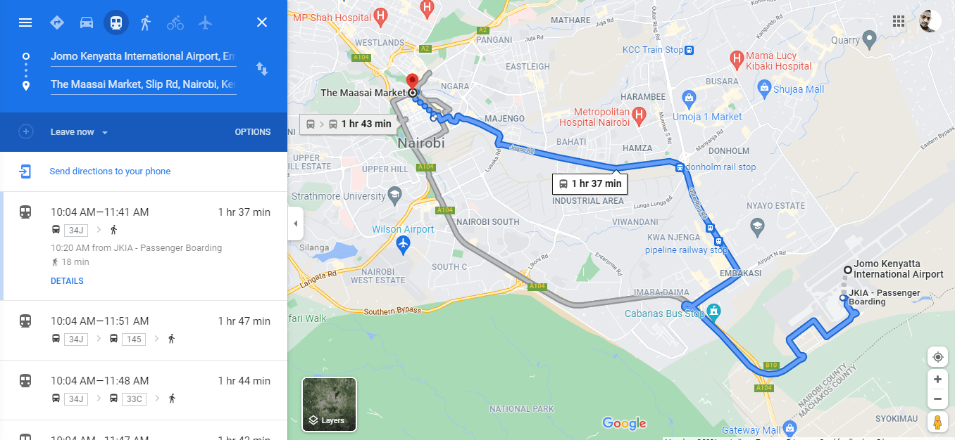 Mapa desde el aeropuerto internacional Jomo Kenyatta hasta el centro de la ciudad de Nairobi
